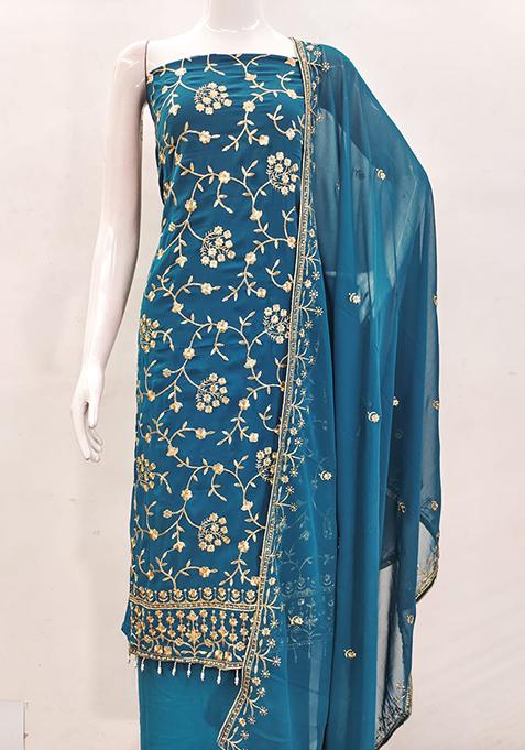 Teal Embellished Poly Georgette Kurta Set