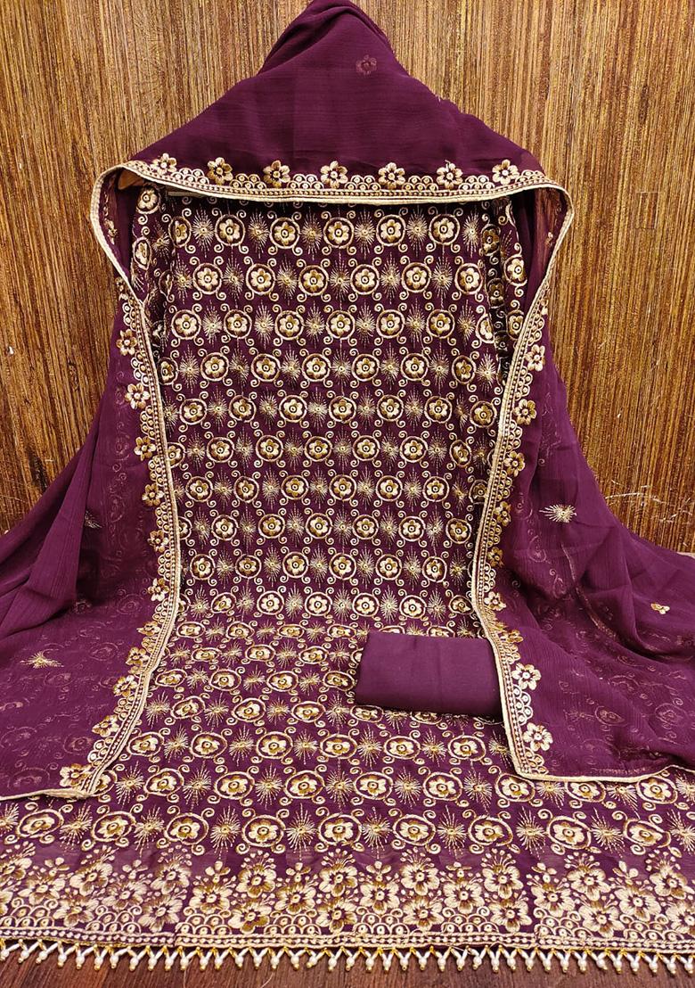 Purple Embellished Chanderi Kurta Set