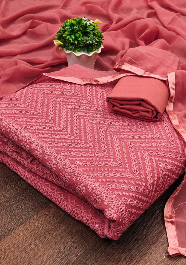 Pink Embellished Poly Georgette Kurta Set