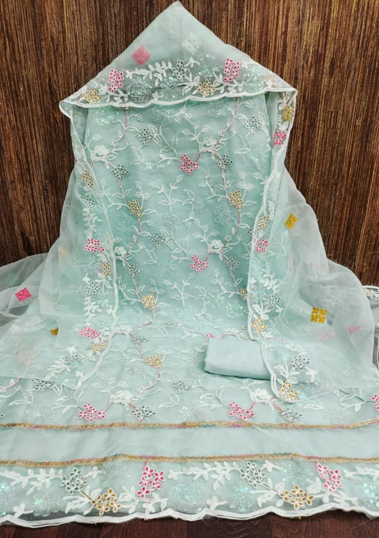 Teal Embellished Organza Kurta Set