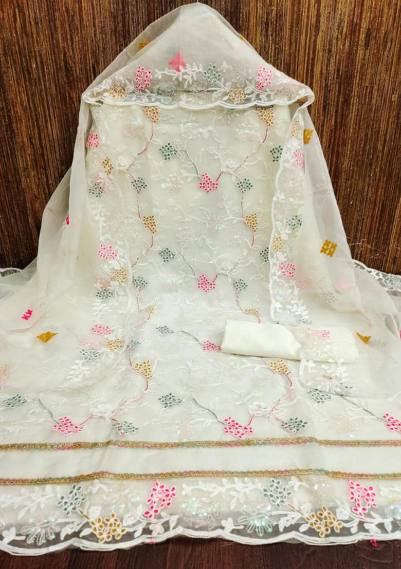White Embellished Organza Kurta Set