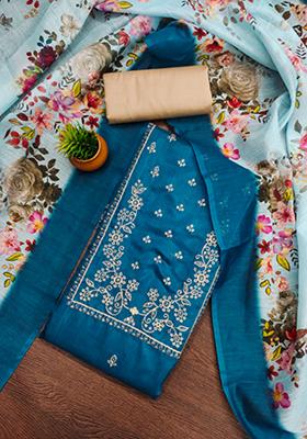 Blue Embellished Cotton Kurta Set