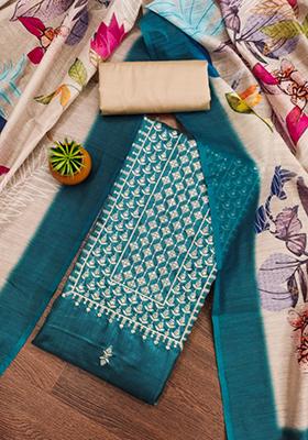 Aqua Embellished Cotton Kurta Set