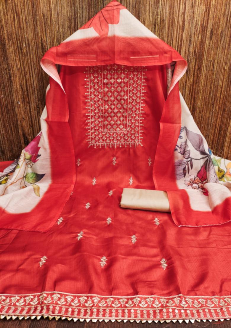 Orange Embellished Cotton Kurta Set