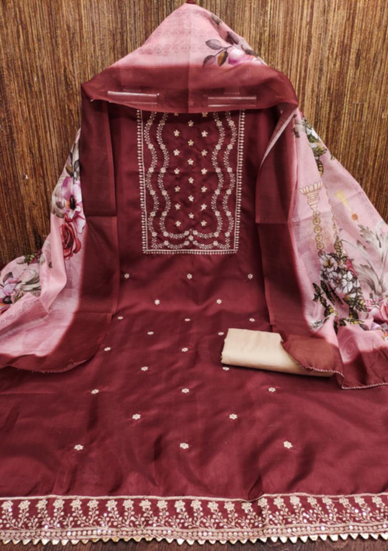 Maroon Embellished Cotton Kurta Set