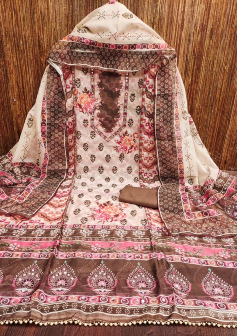 Brown Embellished Organza Kurta Set