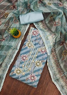 Teal Embellished Organza Kurta Set