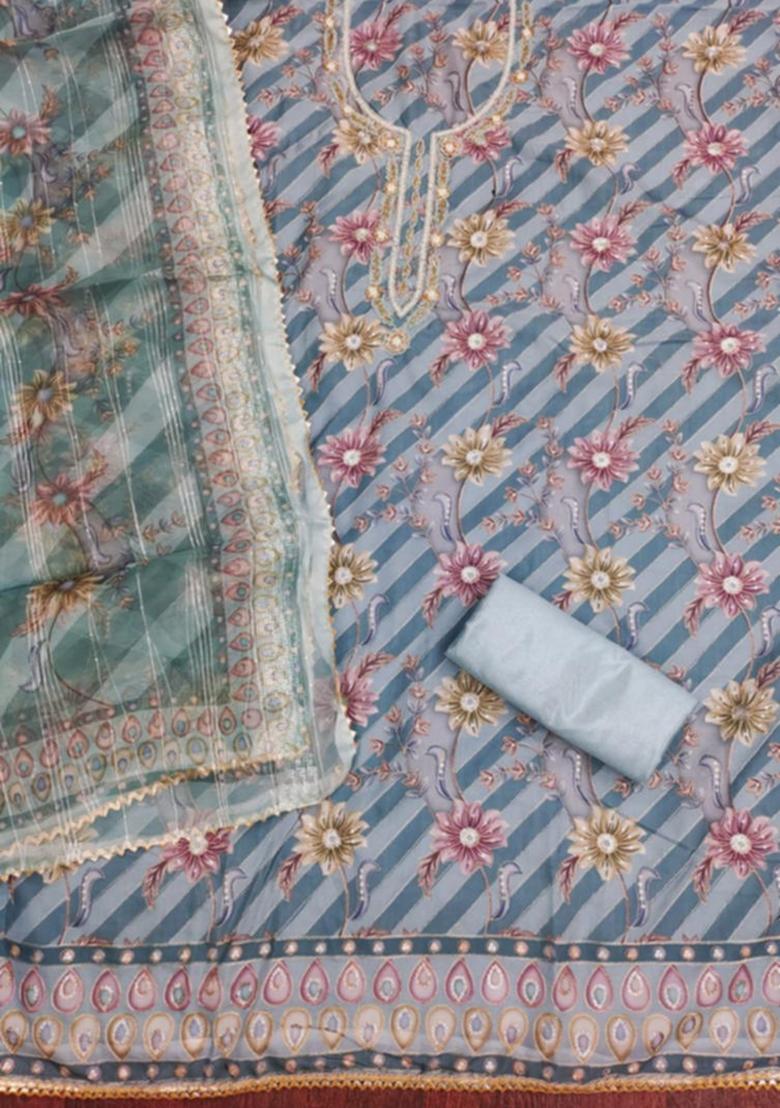 Teal Embellished Organza Kurta Set