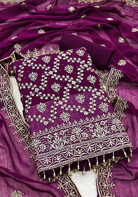 Purple Embellished Chanderi Kurta Set