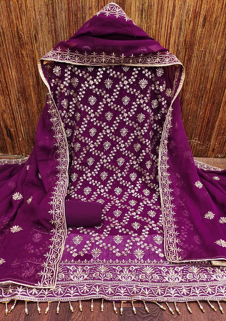 Purple Embellished Chanderi Kurta Set