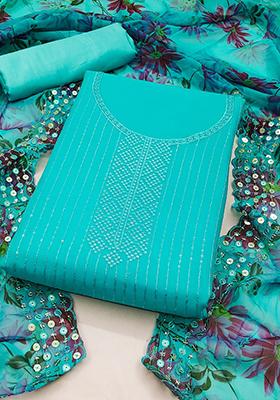 Teal Embellished Poly Georgette Kurta Set