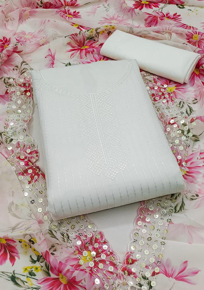 White Embellished Poly Georgette Kurta Set