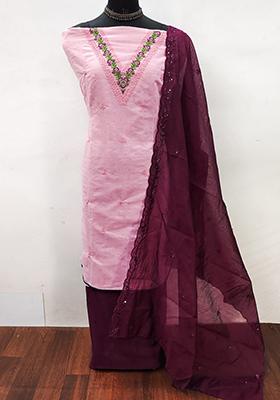 Pink Embellished Chanderi Kurta Set