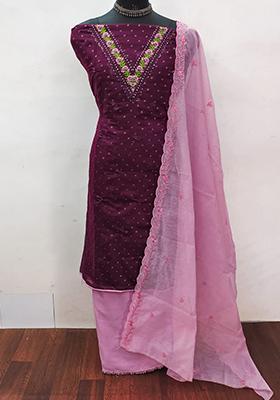 Purple Embellished Chanderi Kurta Set