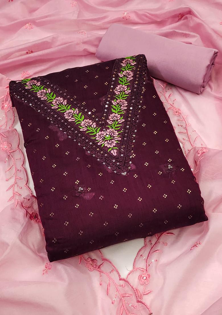 Purple Embellished Chanderi Kurta Set