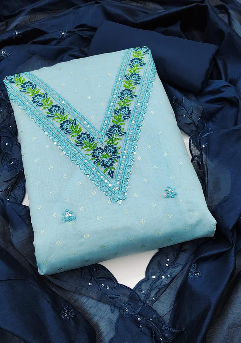 Blue Embellished Chanderi Kurta Set