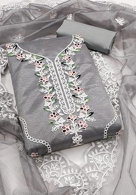 Grey Embellished Silk Kurta Set