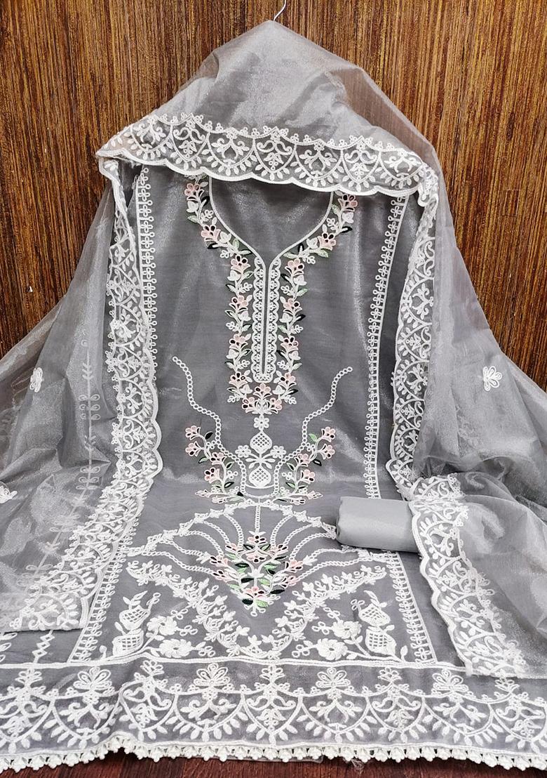 Grey Embellished Silk Kurta Set