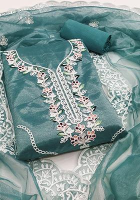 Teal Embellished Silk Kurta Set