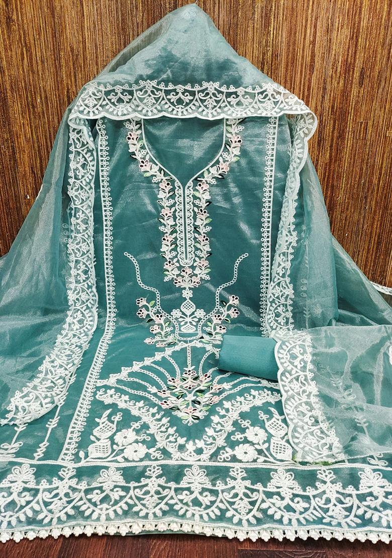 Teal Embellished Silk Kurta Set