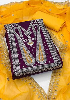 Purple Embellished Chanderi Kurta Set