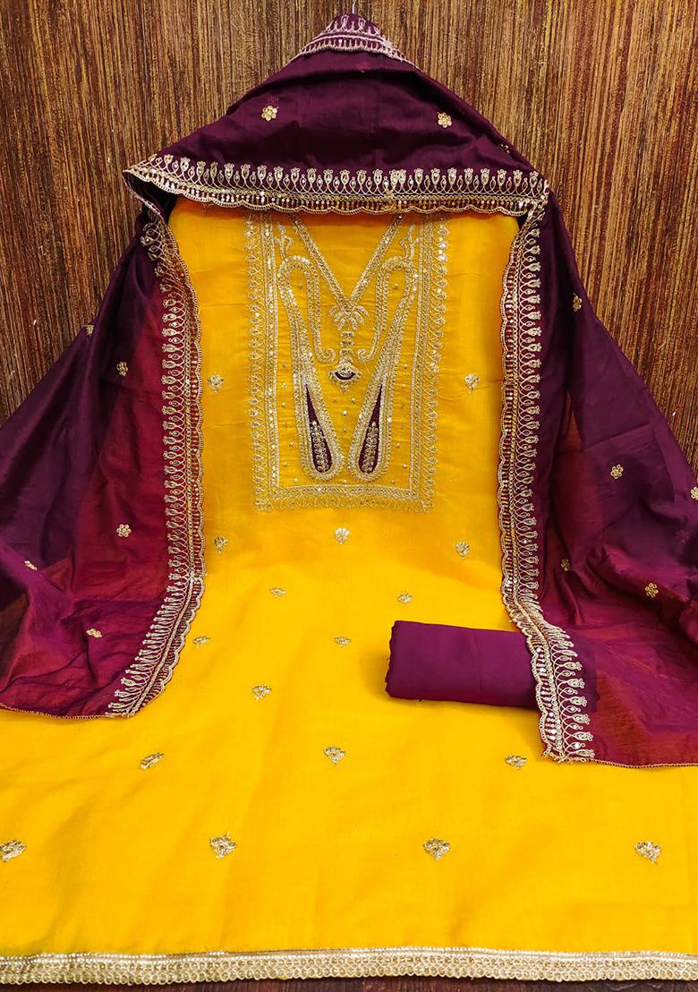 Purple Embellished Chanderi Kurta Set