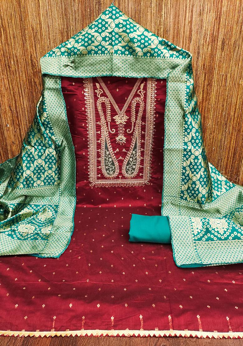 Red Embellished Chanderi Kurta Set