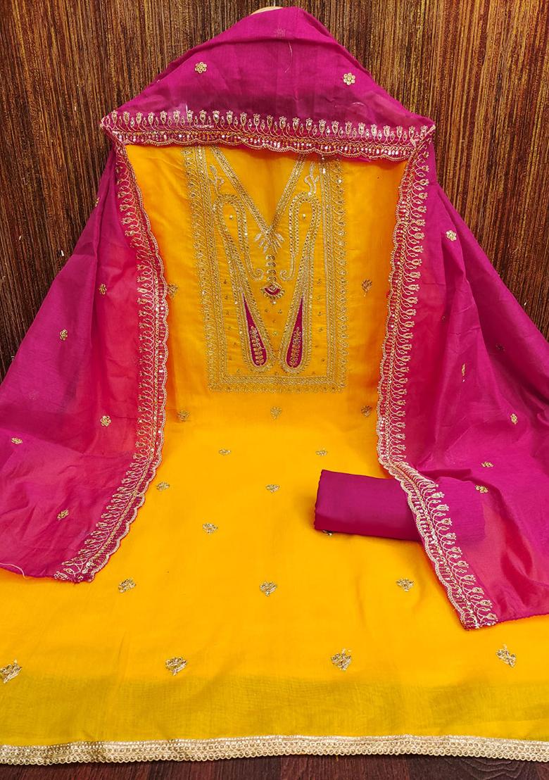 Yellow Embellished Chanderi Kurta Set