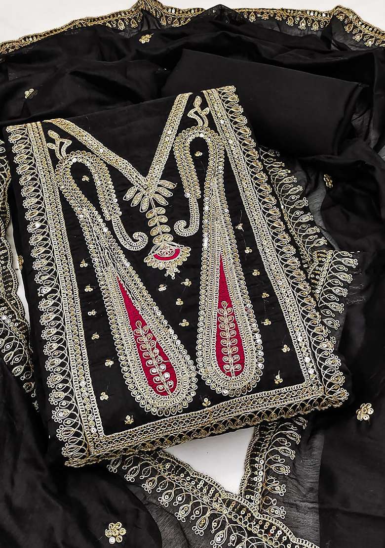 Black Embroidered Chanderi Pakistani Suit Set - Indya