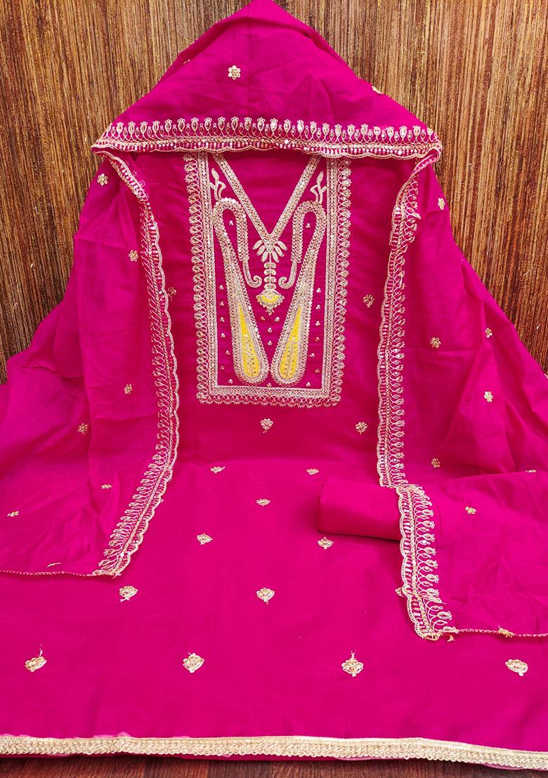 Pink Embellished Chanderi Kurta Set