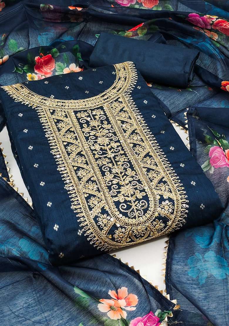 Blue Embroidered Chanderi Straight Kurta Set - Indya