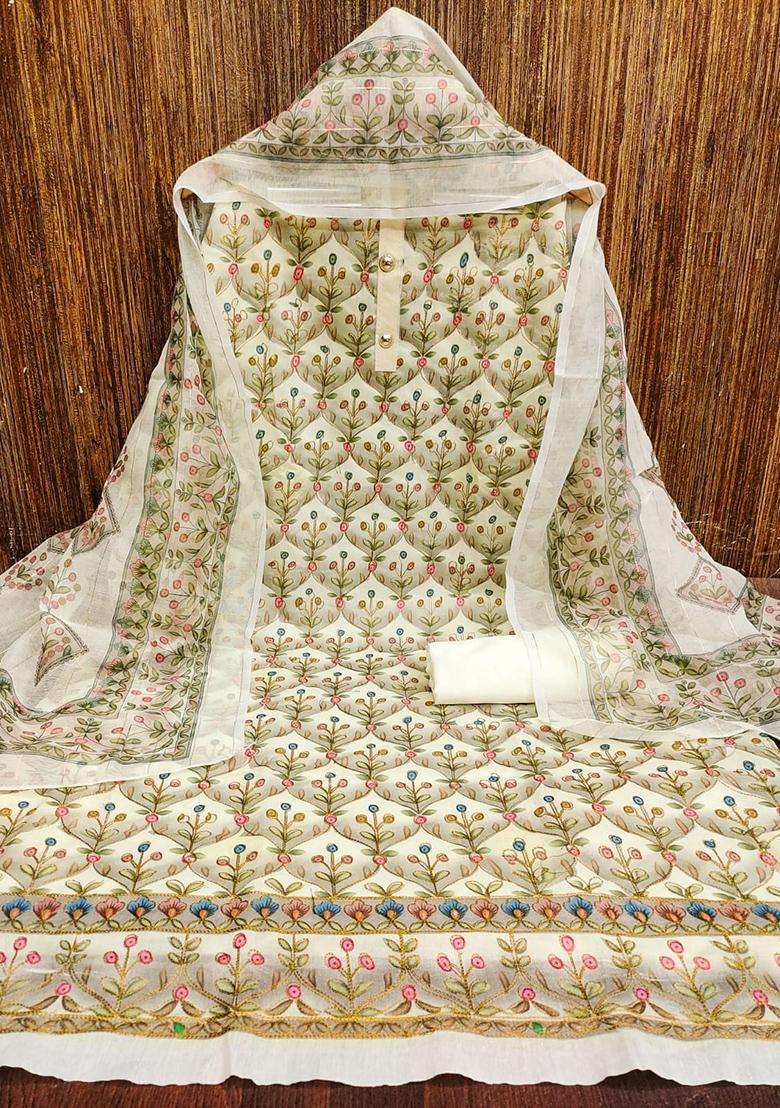 Cream Embellished Chanderi Kurta Set