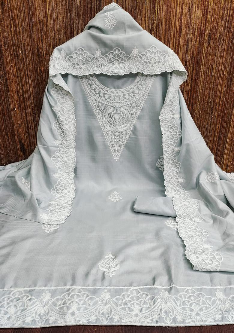 Grey Embellished Silk Kurta Set