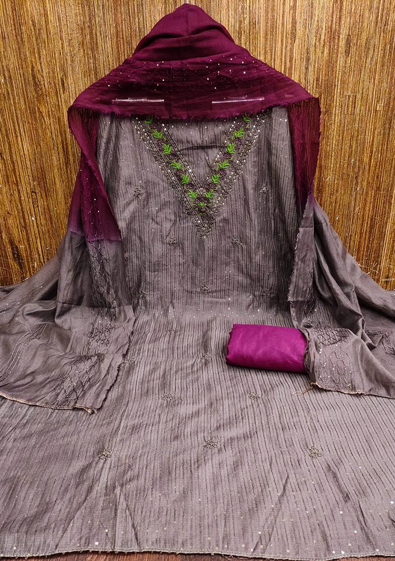 Grey Embellished Chanderi Kurta Set