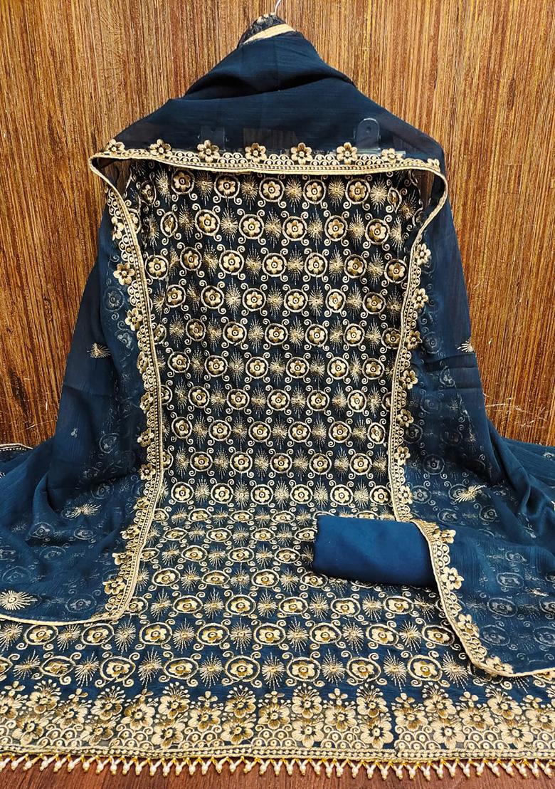 Aqua Embellished Silk Kurta Set