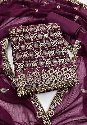 Purple Embellished Silk Kurta Set