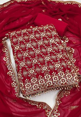 Red Embellished Silk Kurta Set