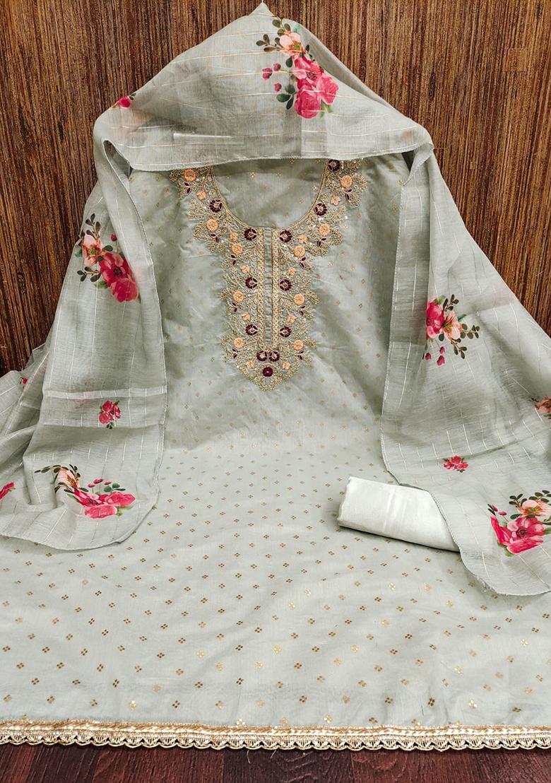 Grey Embellished Chanderi Kurta Set