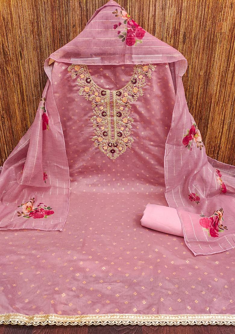 Pink Embellished Chanderi Kurta Set