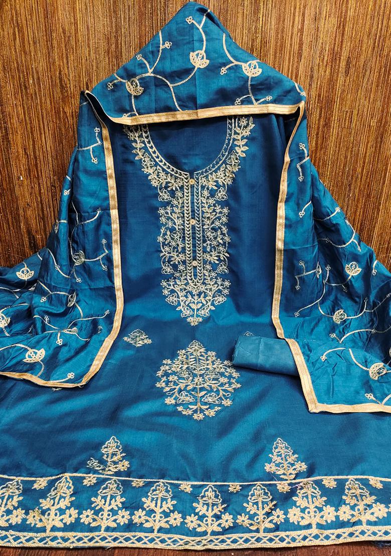 Blue Embellished Silk Kurta Set