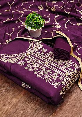 Purple Embellished Silk Kurta Set