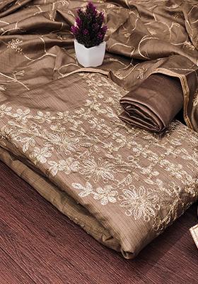 Brown Embellished Silk Kurta Set