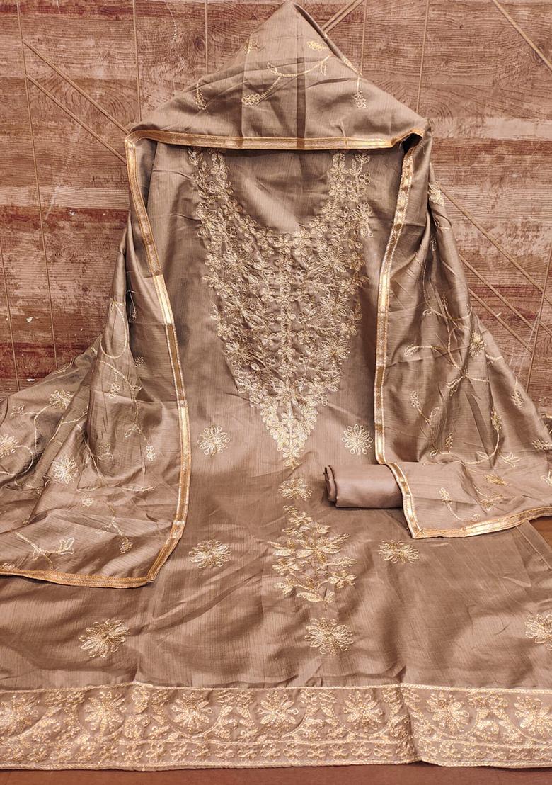Brown Embellished Silk Kurta Set