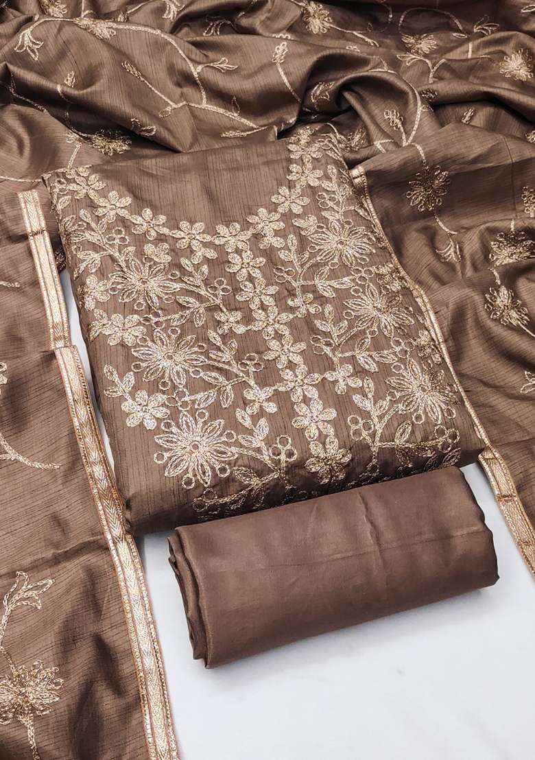 Brown Embroidered Silk Blend Straight Kurta Set - Indya