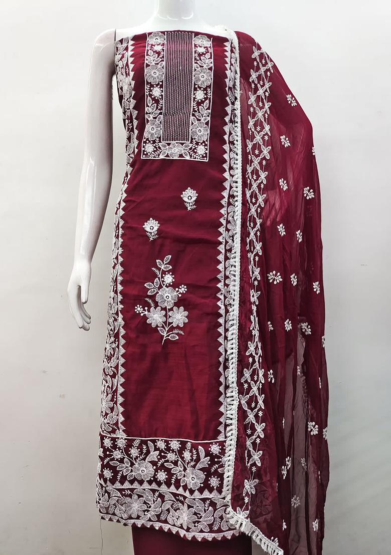Maroon Embellished Chanderi Kurta Set