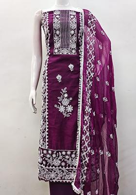 Purple Embellished Chanderi Kurta Set