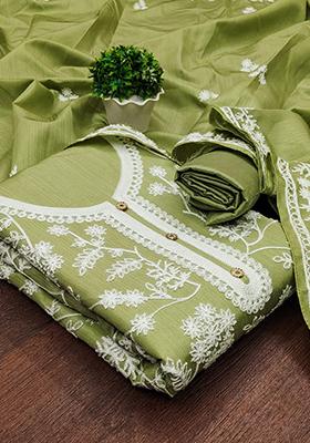 Olive Embellished Silk Kurta Set