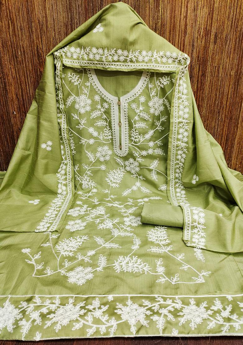 Olive Embellished Silk Kurta Set