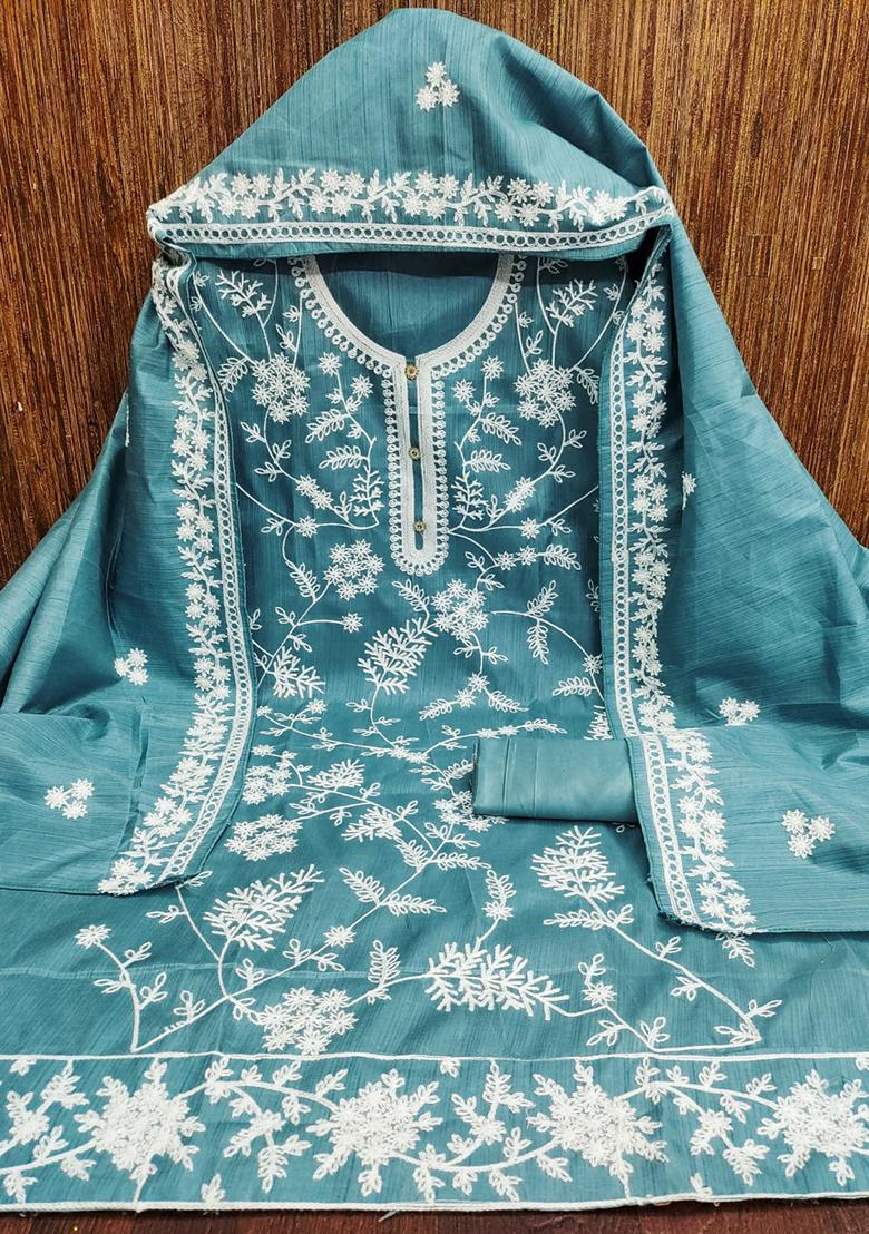 Teal Embellished Silk Kurta Set