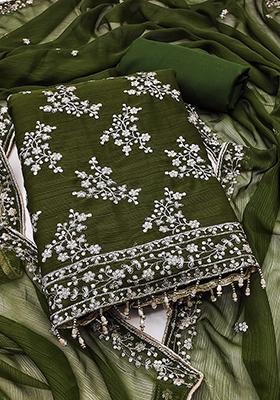 Olive Embellished Silk Kurta Set